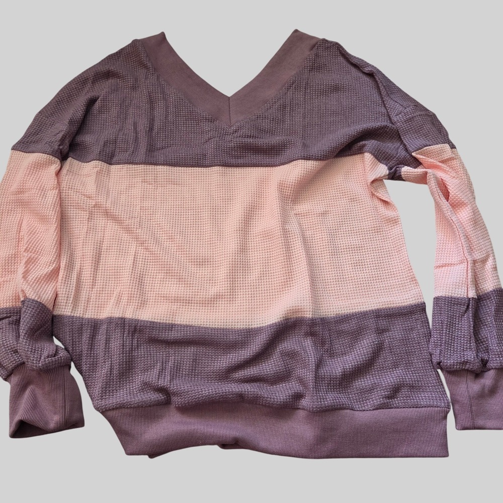 Waffle Knit Colorblock V-Neck Pullover Mauve Peach Long Sleeve Top Size L